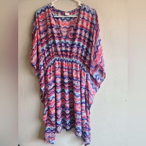 Women's medium large swim cover dress elastic waist red white blue stripe design